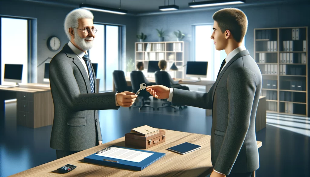 DALL·E 2024-06-11 04.52.11 - A realistic image showing the transfer of a business from an elderly person to a younger person. The elderly person, with gray hair and wearing a suit